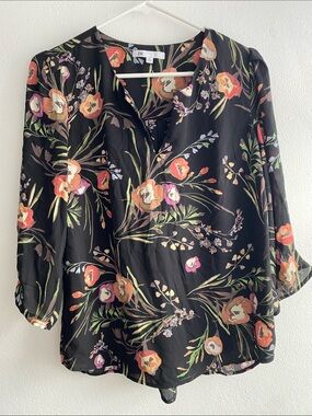 DR2 Black Floral Split-Neck Blouse with Pink & Orange Blooms